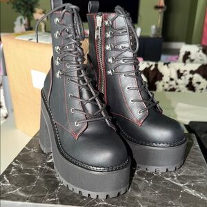 Demonia Black Platform Lace-Up Ankle Boots with Red Stitching